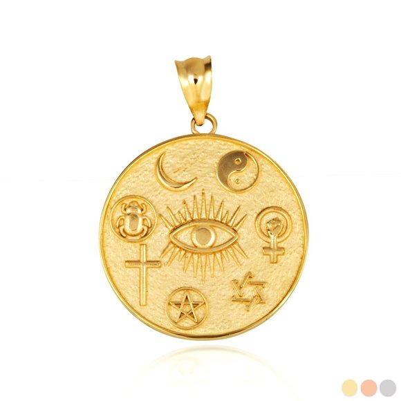 Solid 10k Gold Spiritual Symbols Faith Medallion Pendant - Yellow, Rose, White